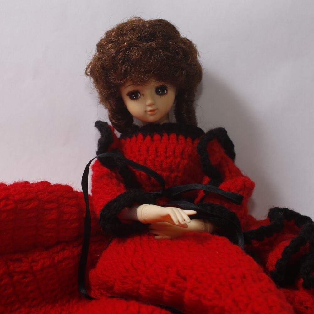 Vintage Japanese Doll in Long Red Handmade Crochet Dress ~ 260817-WH 1194